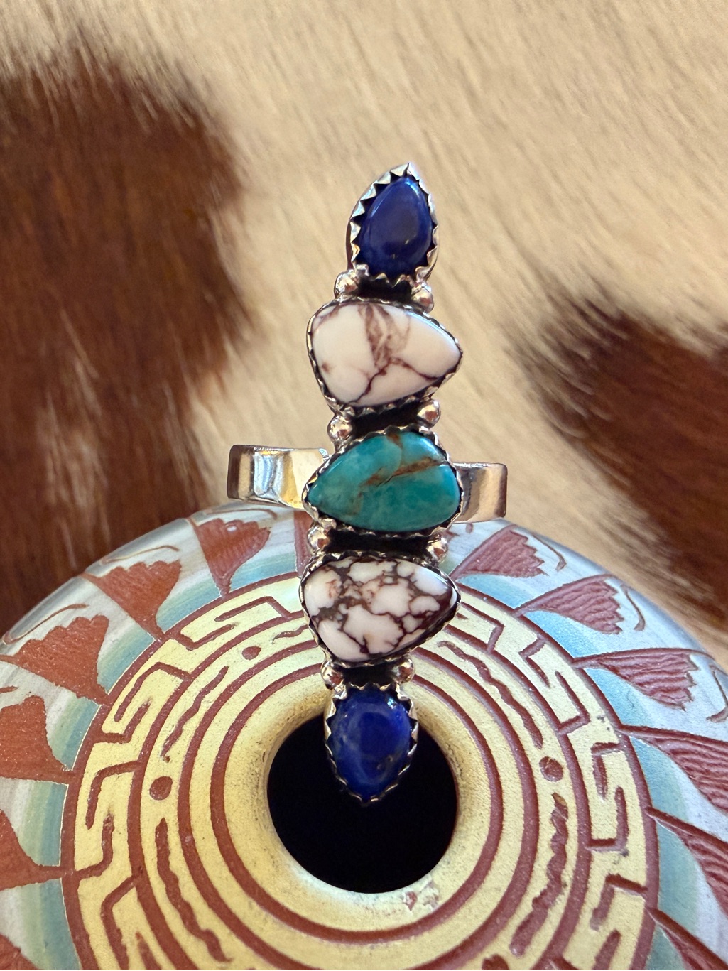 Multistone Crawler Ring Lapis Wild Horse Kingman Turquoise Sterling Adj Ring